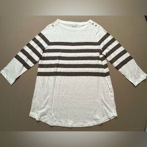 Chico's Cream Sweater with gold button accents and stripes. Size 0